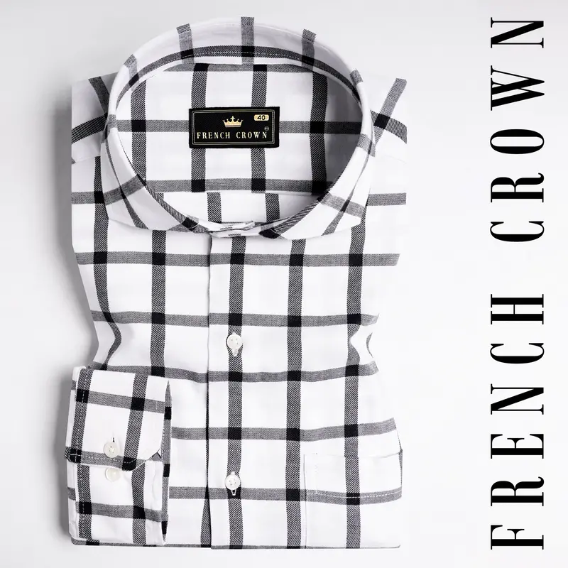 Bright White And Black Checkered Twill Premium Cotton Shirt 7