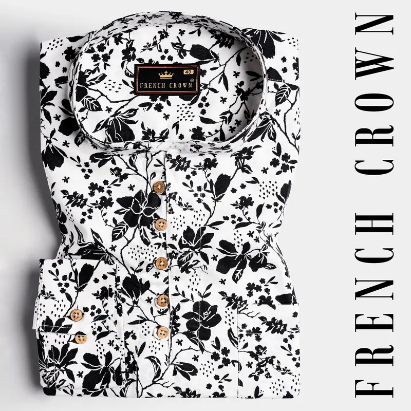 Bright White And Black Ditsy Printed Royal Oxford Kurta Shirt 1
