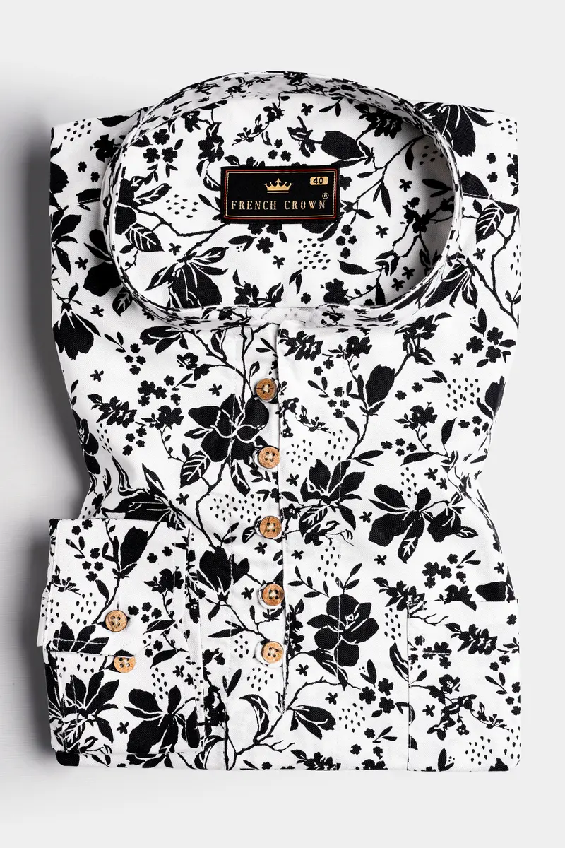 Bright White And Black Ditsy Printed Royal Oxford Kurta Shirt 2