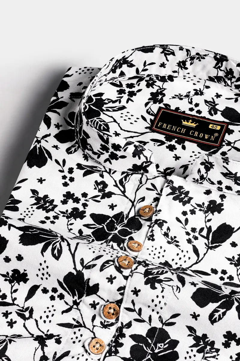 Bright White And Black Ditsy Printed Royal Oxford Kurta Shirt 4