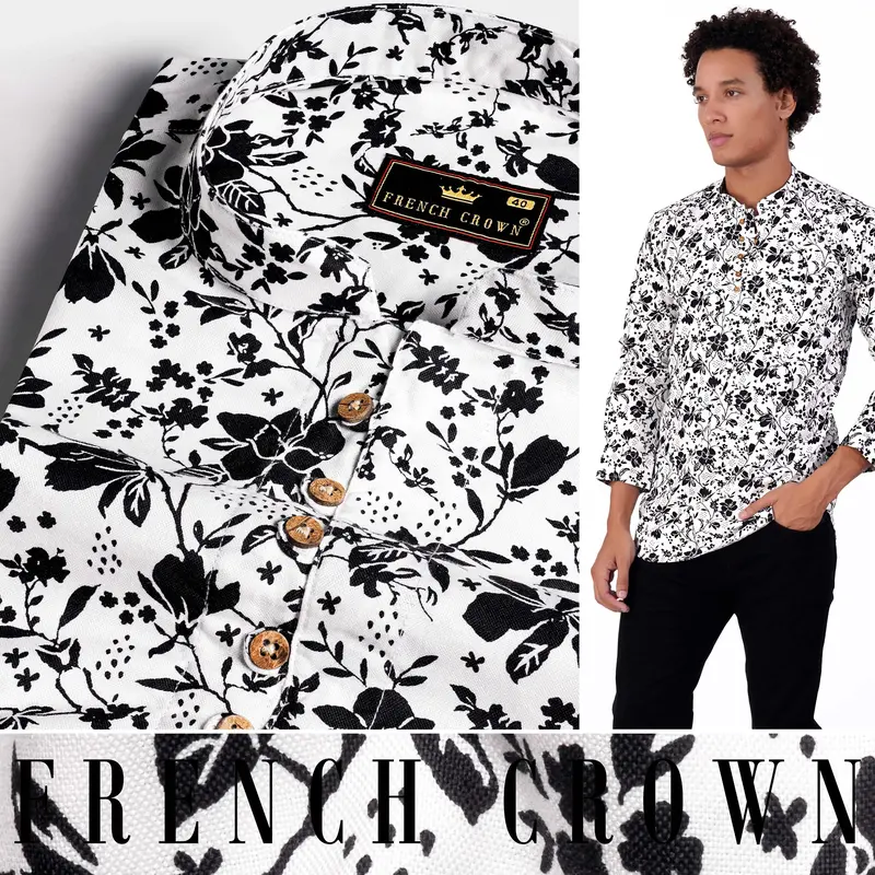 Bright White And Black Ditsy Printed Royal Oxford Kurta Shirt 5