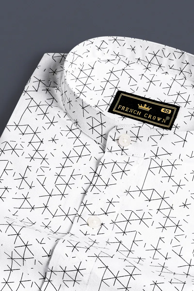 Bright White And Black Dobby Textured Premium Giza Cotton Mandarin Shirt 1