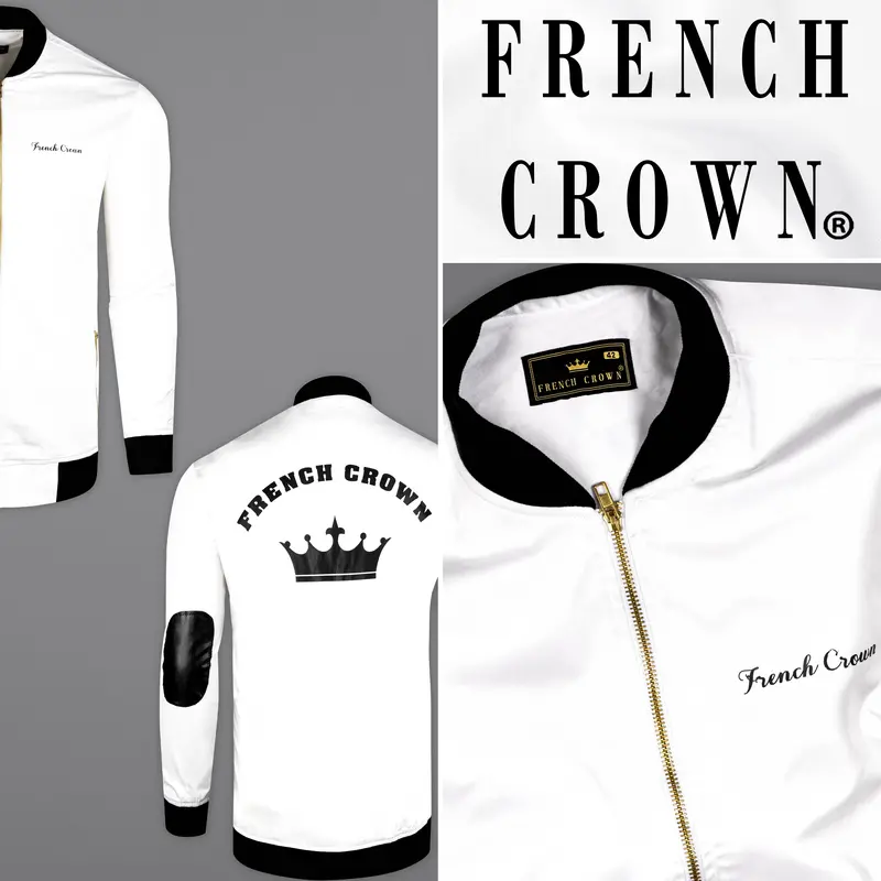 Bright White And Black Printed Premium Cotton Signature Bomber Jacket 1