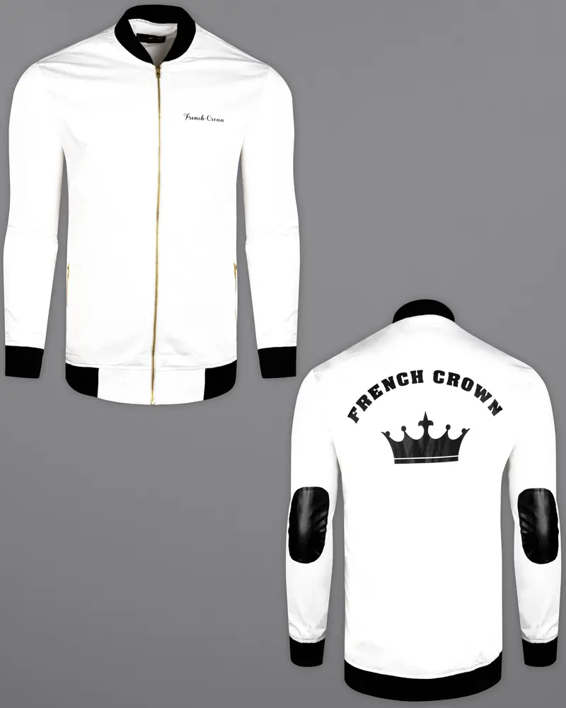 Bright White And Black Printed Premium Cotton Signature Bomber Jacket 2