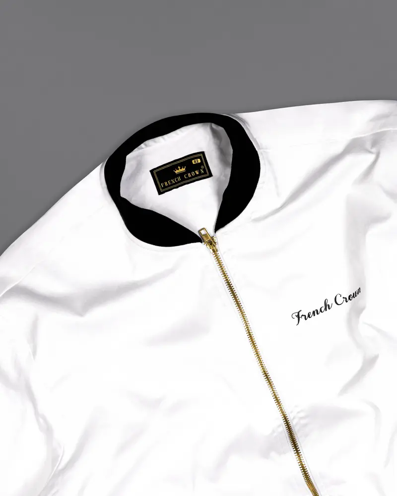 Bright White And Black Printed Premium Cotton Signature Bomber Jacket 5