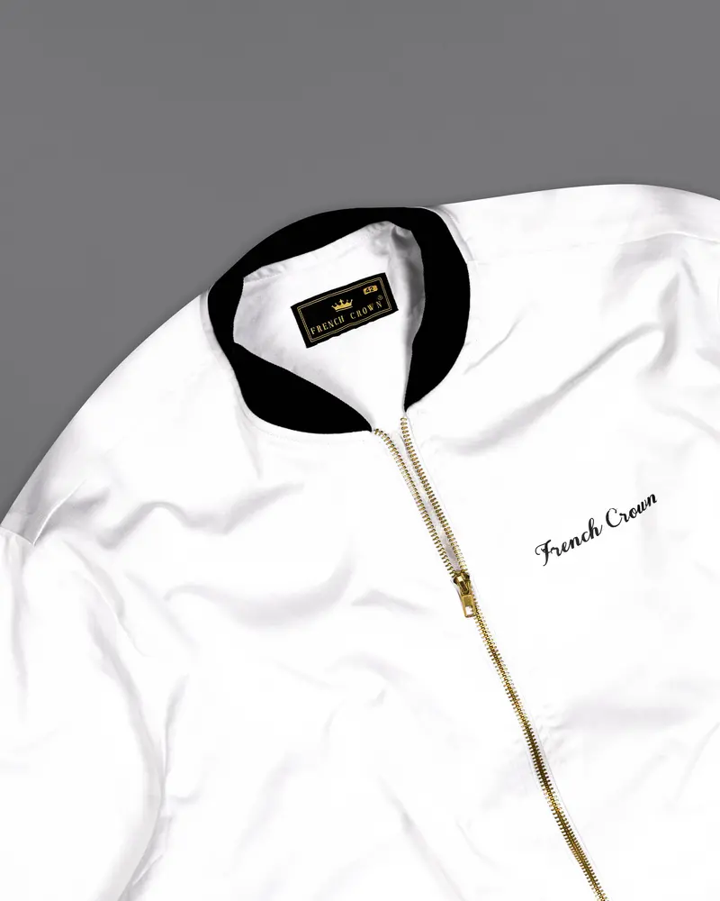 Bright White And Black Printed Premium Cotton Signature Bomber Jacket 6