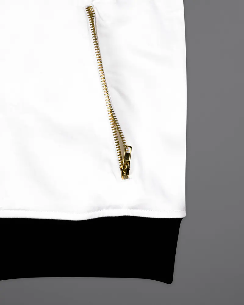 Bright White And Black Printed Premium Cotton Signature Bomber Jacket 7