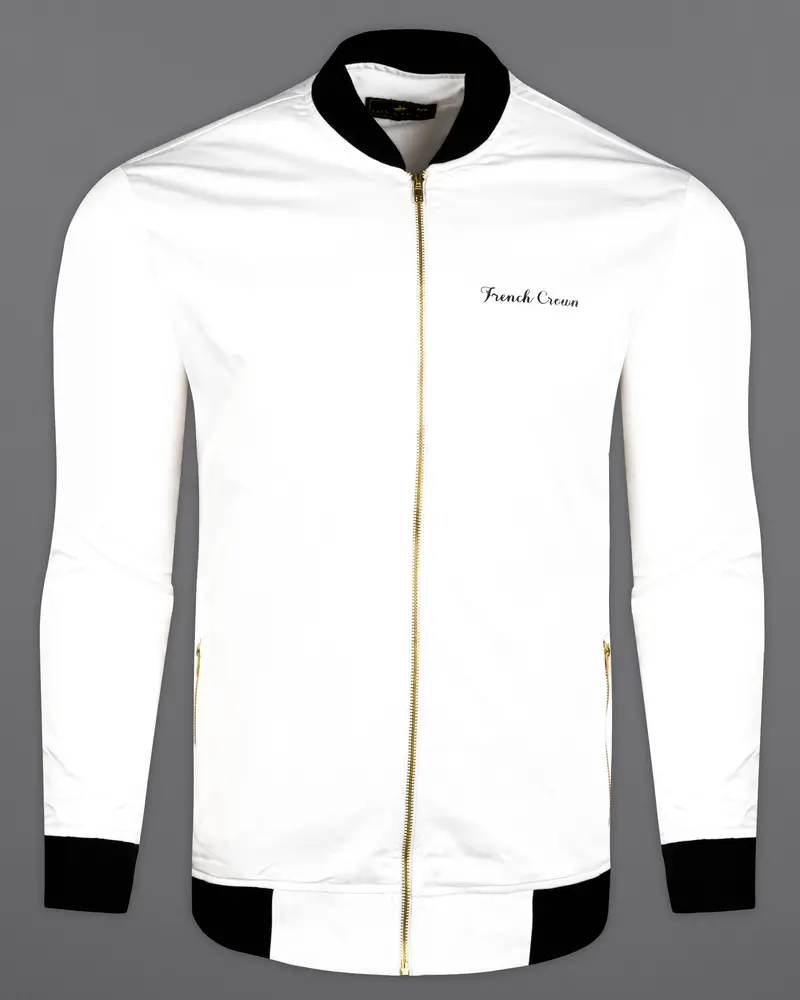 Bright White And Black Printed Premium Cotton Signature Bomber Jacket 8