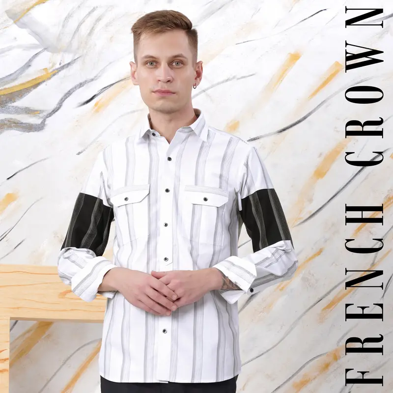 Bright White And Black Striped Dobby Textured Premium Giza Cotton Designer Shirt 1