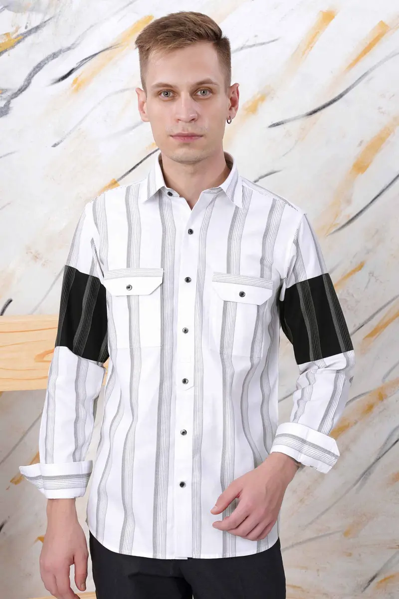 Bright White And Black Striped Dobby Textured Premium Giza Cotton Designer Shirt 2