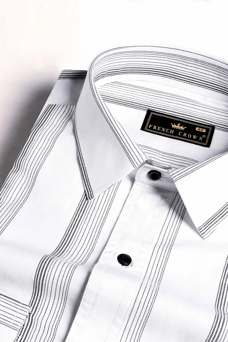 Bright White And Black Striped Dobby Textured Premium Giza Cotton Designer Shirt 4