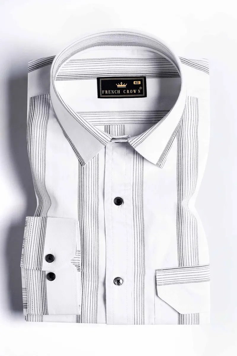 Bright White And Black Striped Dobby Textured Premium Giza Cotton Designer Shirt 5