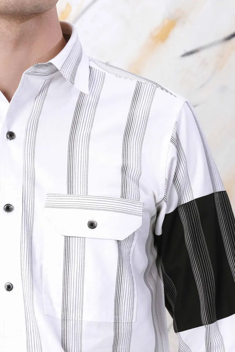 Bright White And Black Striped Dobby Textured Premium Giza Cotton Designer Shirt 6
