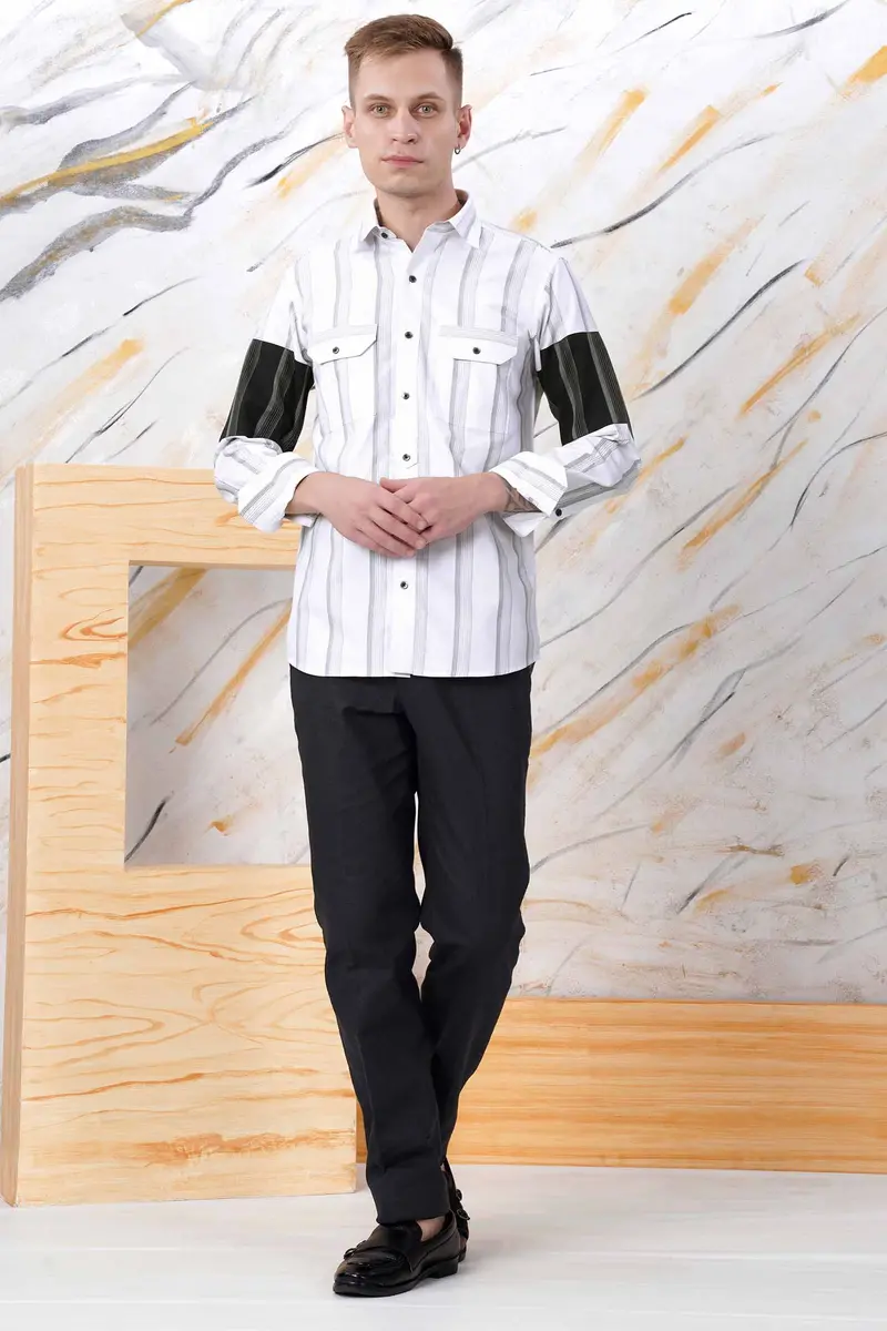 Bright White And Black Striped Dobby Textured Premium Giza Cotton Designer Shirt 7