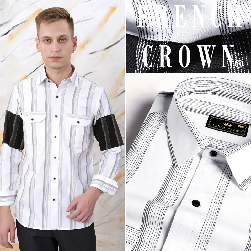 Bright White And Black Striped Dobby Textured Premium Giza Cotton Designer Shirt 9