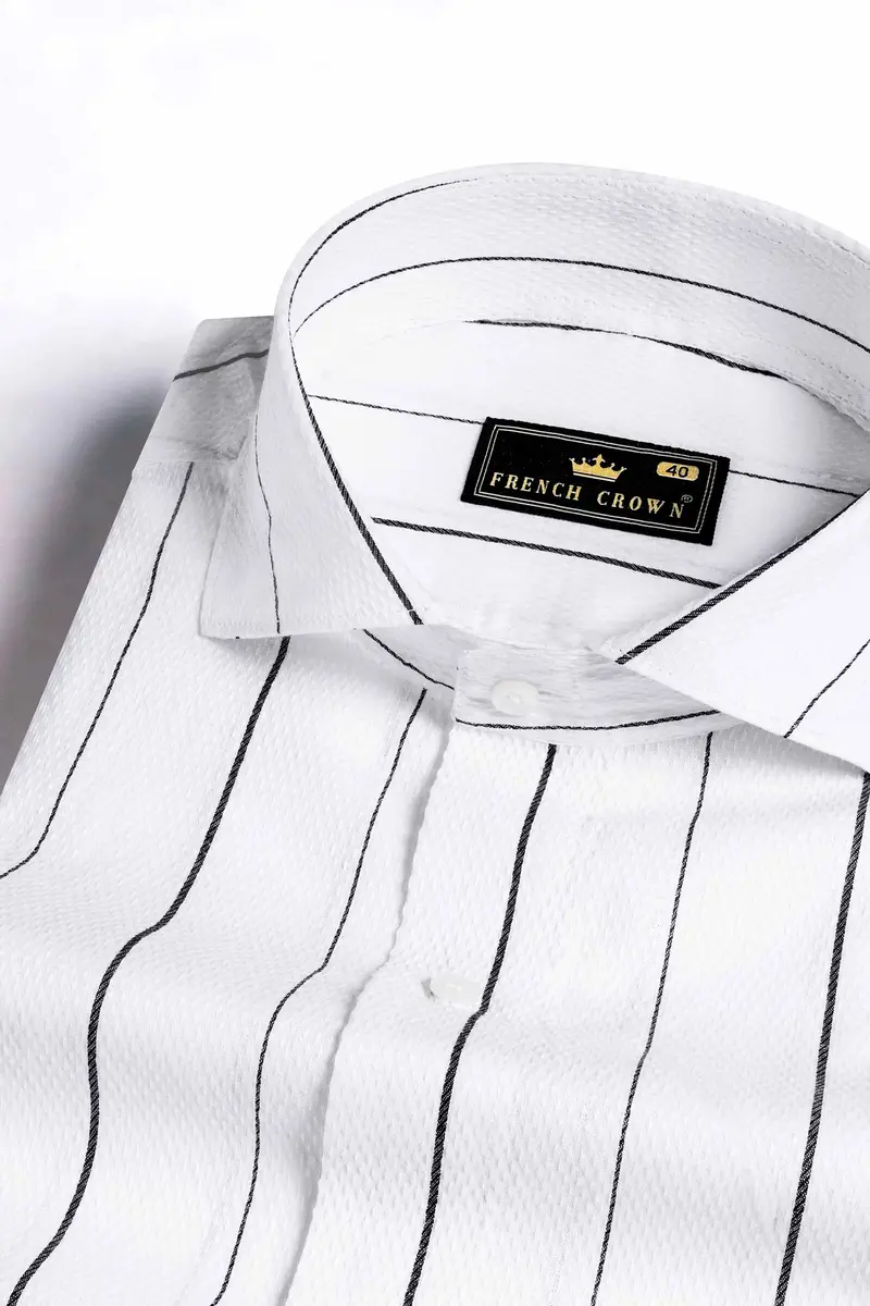 Bright White And Black Striped Dobby Textured Premium Giza Cotton Shirt 1