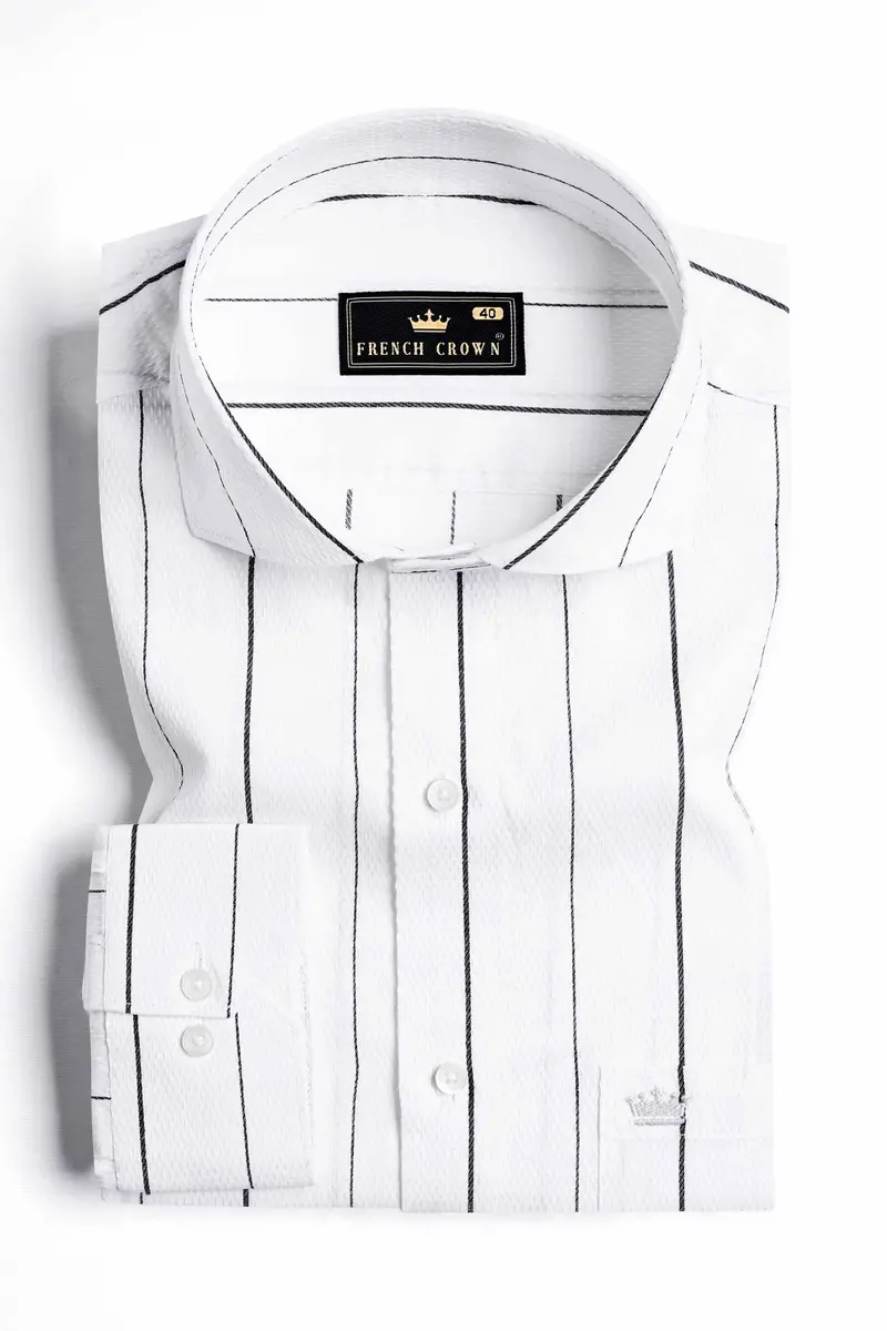 Bright White And Black Striped Dobby Textured Premium Giza Cotton Shirt 3