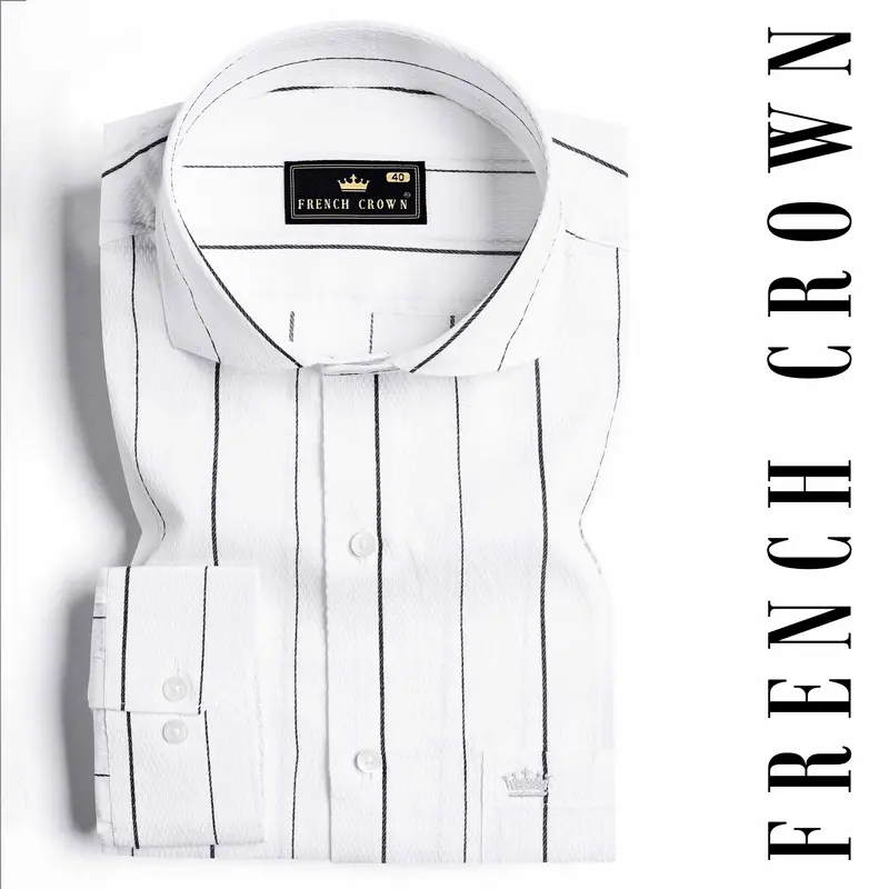 Bright White And Black Striped Dobby Textured Premium Giza Cotton Shirt 4