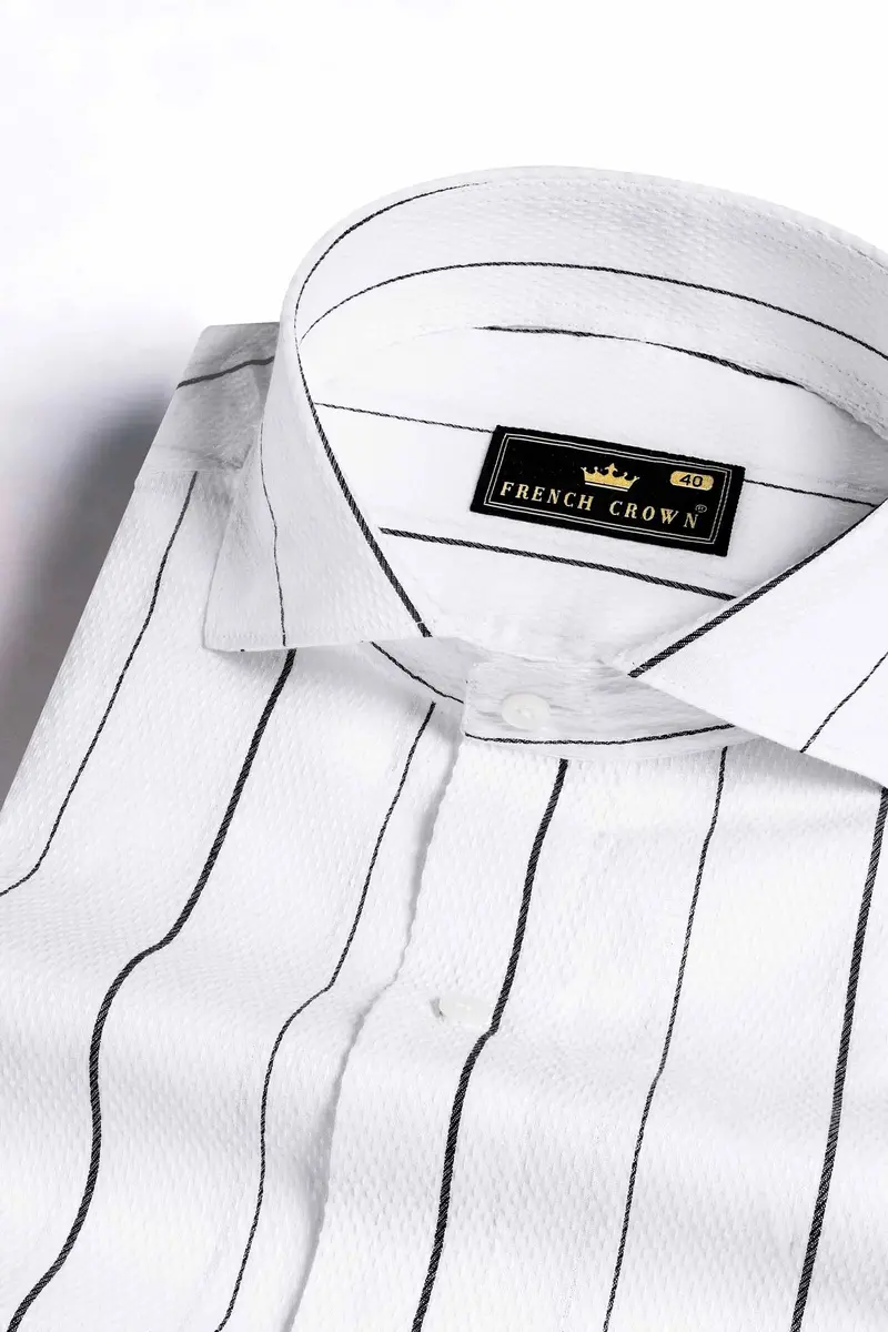 Bright White And Black Striped Dobby Textured Premium Giza Cotton Shirt 7