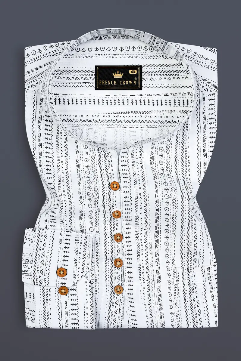 Bright White And Black Tribal Pattern Premium Cotton Kurta Shirt 2
