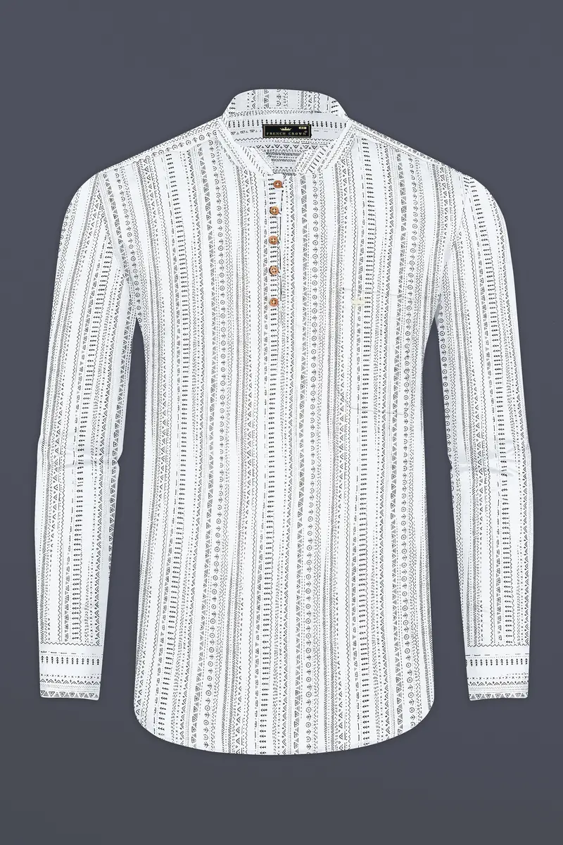 Bright White And Black Tribal Pattern Premium Cotton Kurta Shirt 5