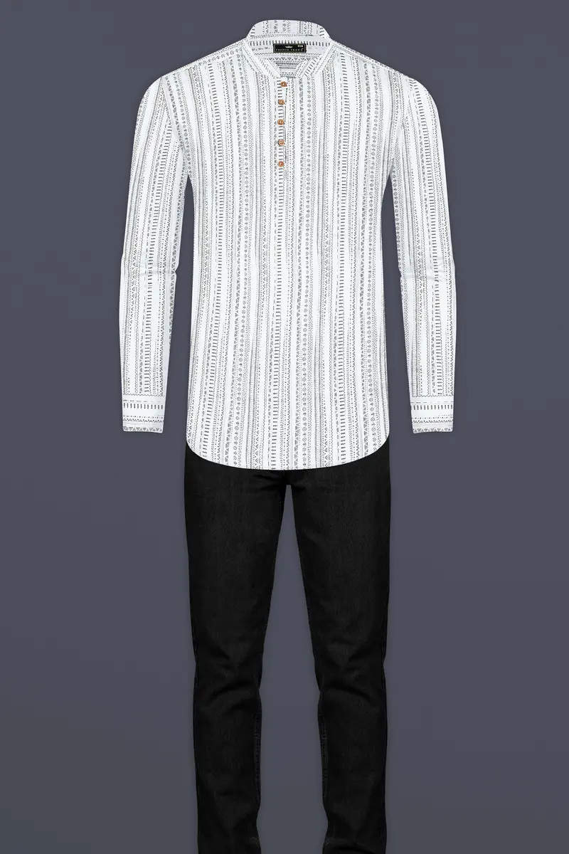 Bright White And Black Tribal Pattern Premium Cotton Kurta Shirt 7