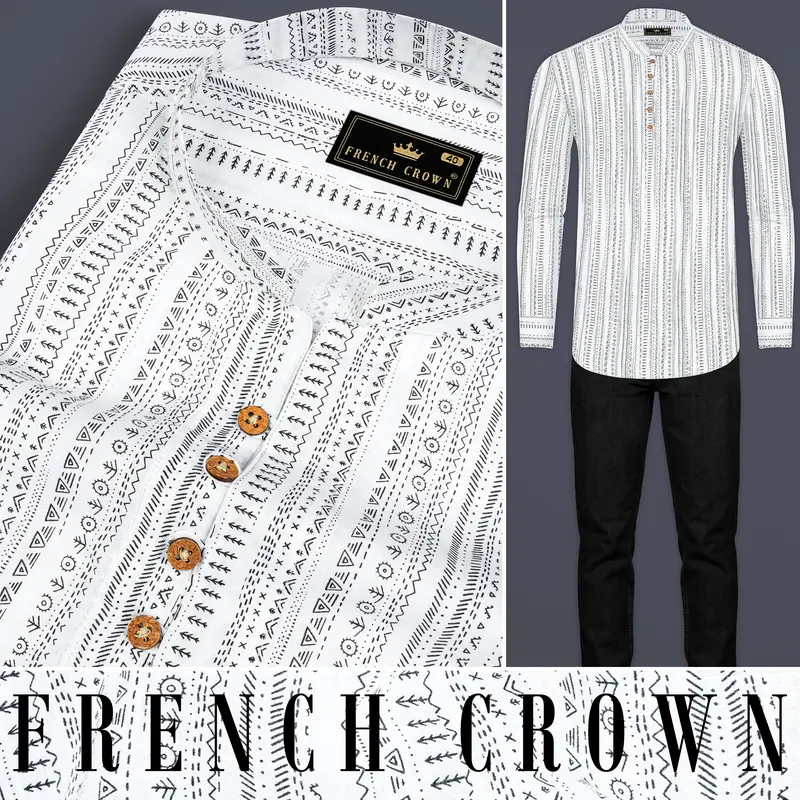 Bright White And Black Tribal Pattern Premium Cotton Kurta Shirt 9