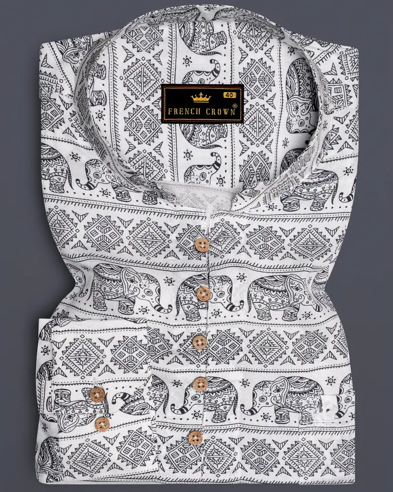 Bright White And Black Tribal Printed Premium Tencel Kurta Shirt 1