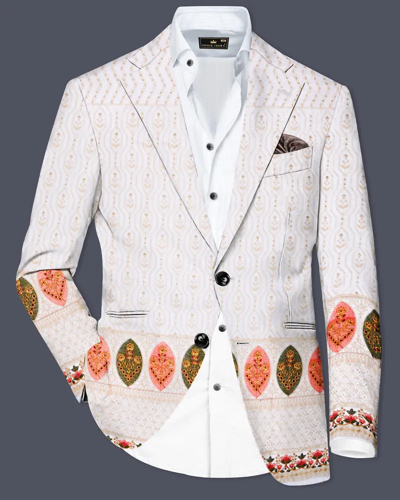 Bright White And Blush Peach Multicolor Sequin And Thread Leaf Embroidered Single Breasted Blazer 1