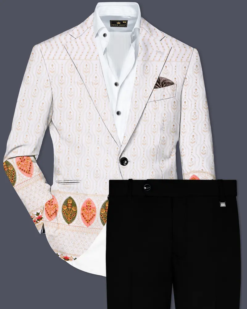 Bright White And Blush Peach Multicolor Sequin And Thread Leaf Embroidered Single Breasted Suit 1