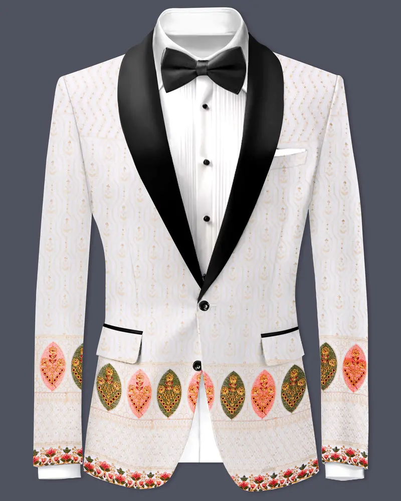 Bright White And Blush Peach Multicolor Sequin And Thread Leaf Embroidered Tuxedo Blazer 1