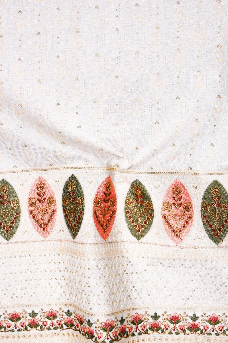 Bright White And Blush Peach Multicolor Sequin And Thread Leaf Embroidered Tuxedo Blazer 3