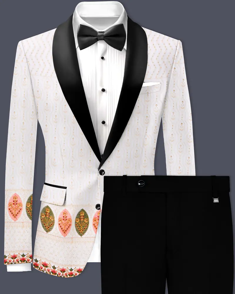Bright White And Blush Peach Multicolor Sequin And Thread Leaf Embroidered Tuxedo Suit 1