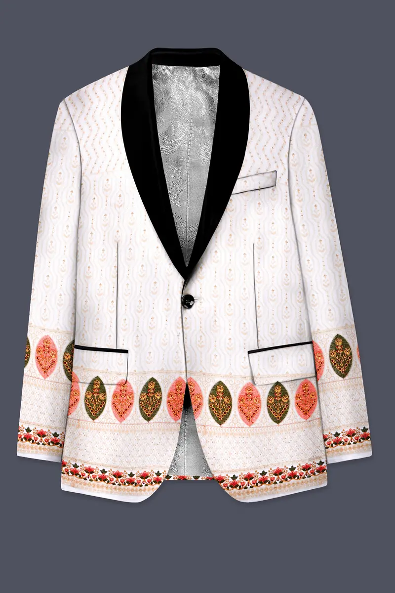 Bright White And Blush Peach Multicolor Sequin And Thread Leaf Embroidered Tuxedo Suit 10