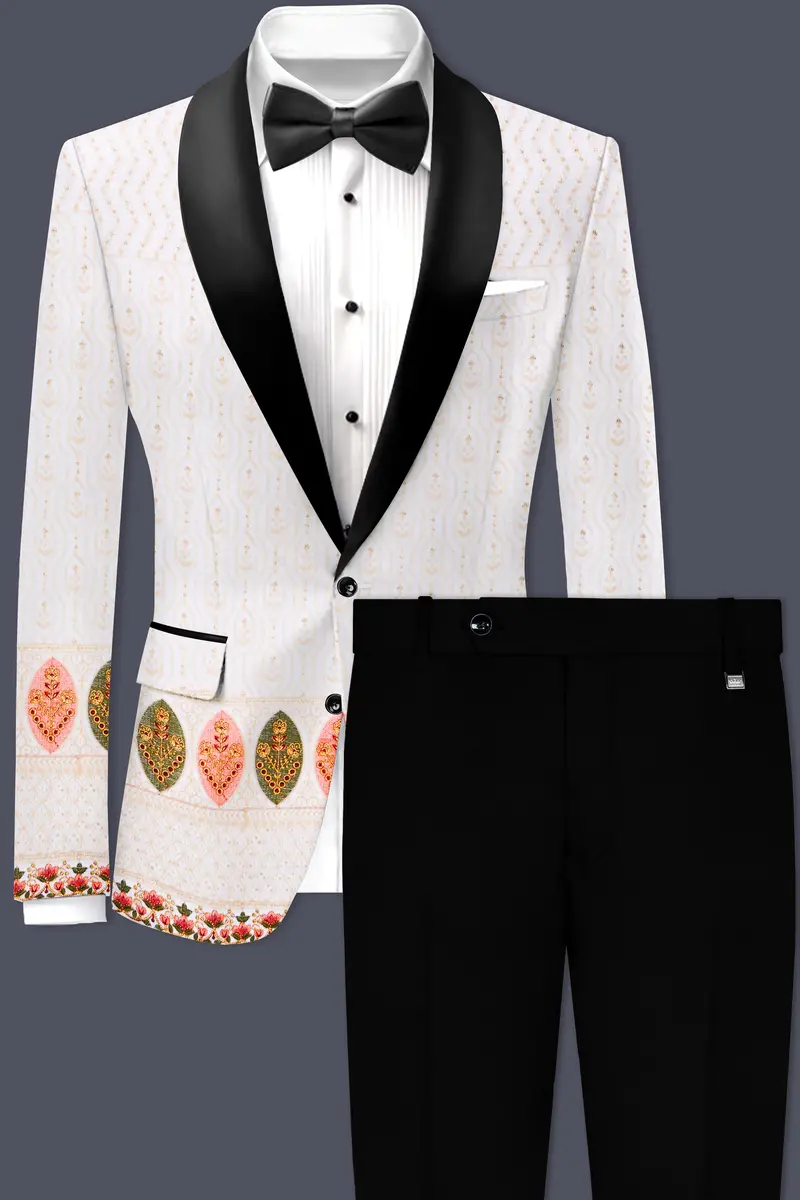 Bright White And Blush Peach Multicolor Sequin And Thread Leaf Embroidered Tuxedo Suit 2