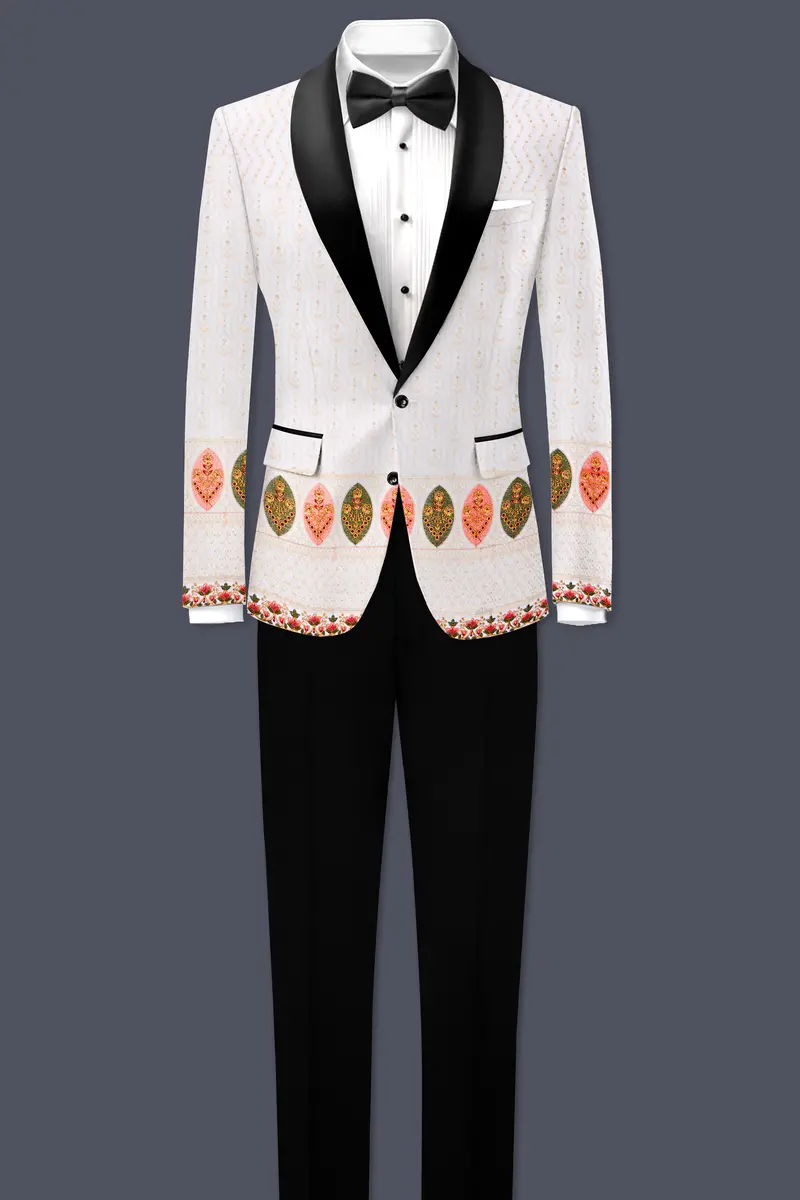 Bright White And Blush Peach Multicolor Sequin And Thread Leaf Embroidered Tuxedo Suit 4