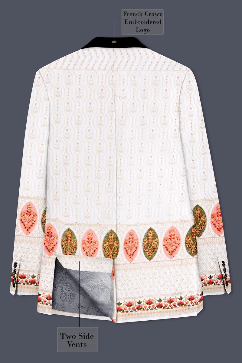 Bright White And Blush Peach Multicolor Sequin And Thread Leaf Embroidered Tuxedo Suit 8