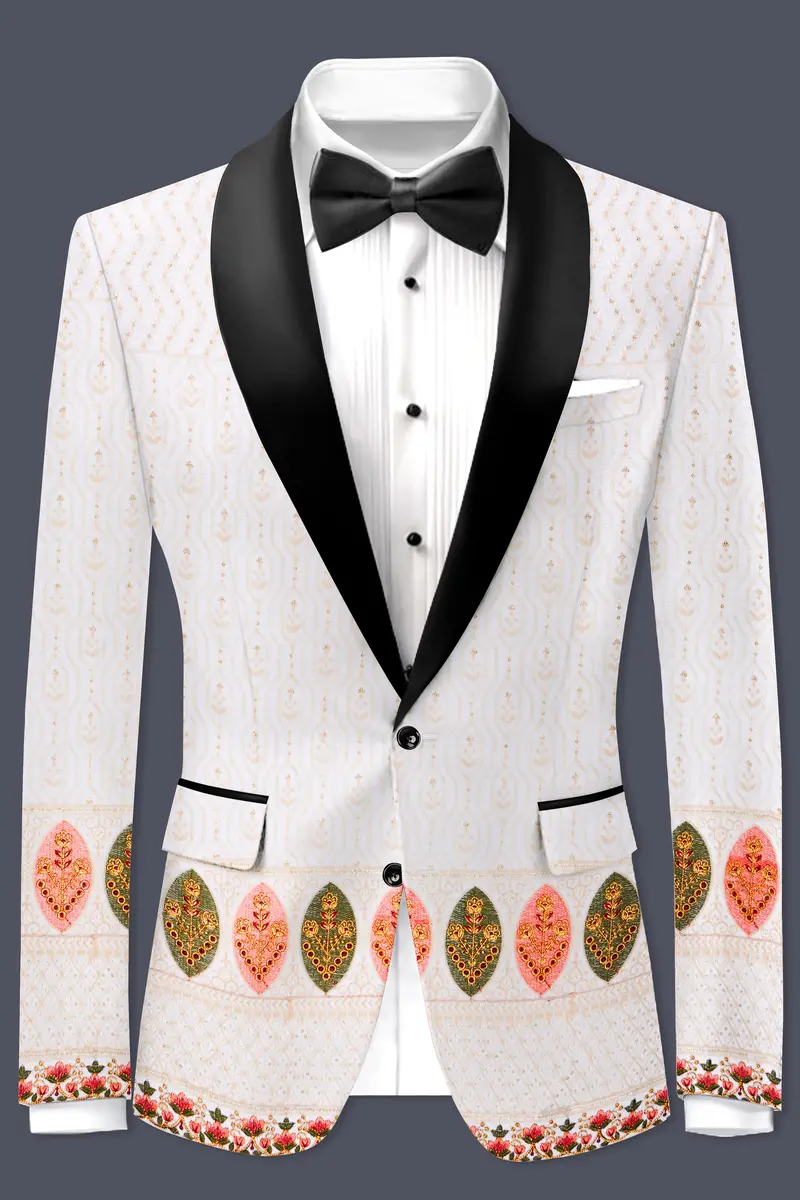 Bright White And Blush Peach Multicolor Sequin And Thread Leaf Embroidered Tuxedo Suit 9