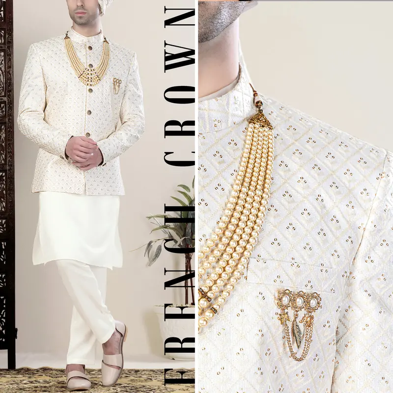Bright White And Bone Beige Geometric Thread And Sequin Embroidered Jodhpuri 1