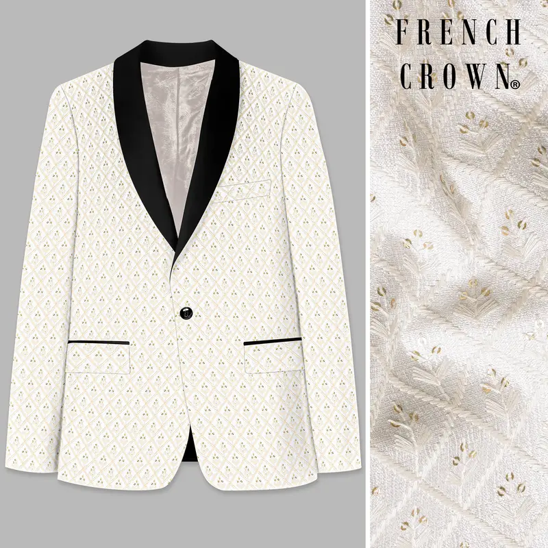 Bright White And Bone Beige Geometric Thread And Sequin Embroidered Tuxedo Blazer 1