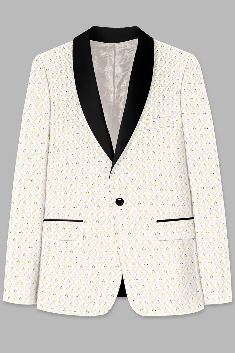 Bright White And Bone Beige Geometric Thread And Sequin Embroidered Tuxedo Blazer 2