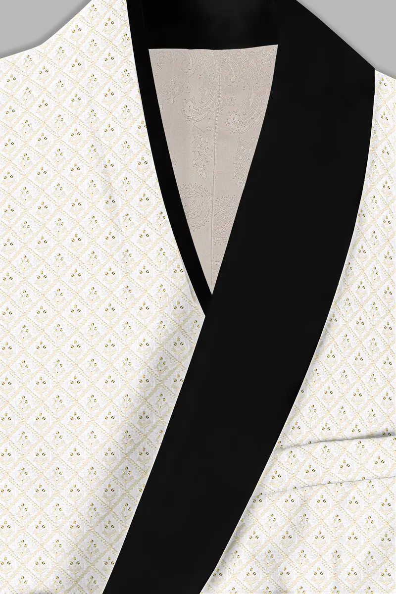 Bright White And Bone Beige Geometric Thread And Sequin Embroidered Tuxedo Blazer 4