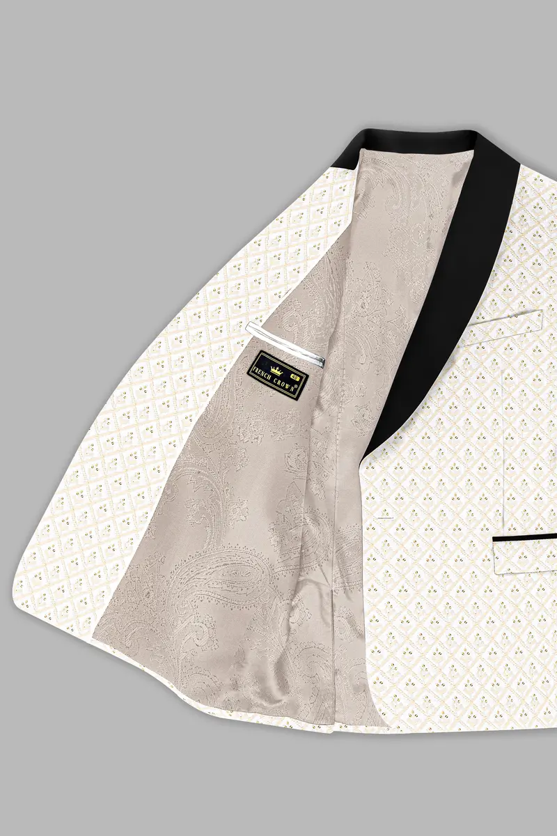 Bright White And Bone Beige Geometric Thread And Sequin Embroidered Tuxedo Blazer 5