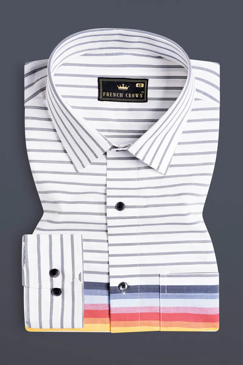 Bright White And Cadmium Red Multicolour Striped Premium Cotton Shirt 5