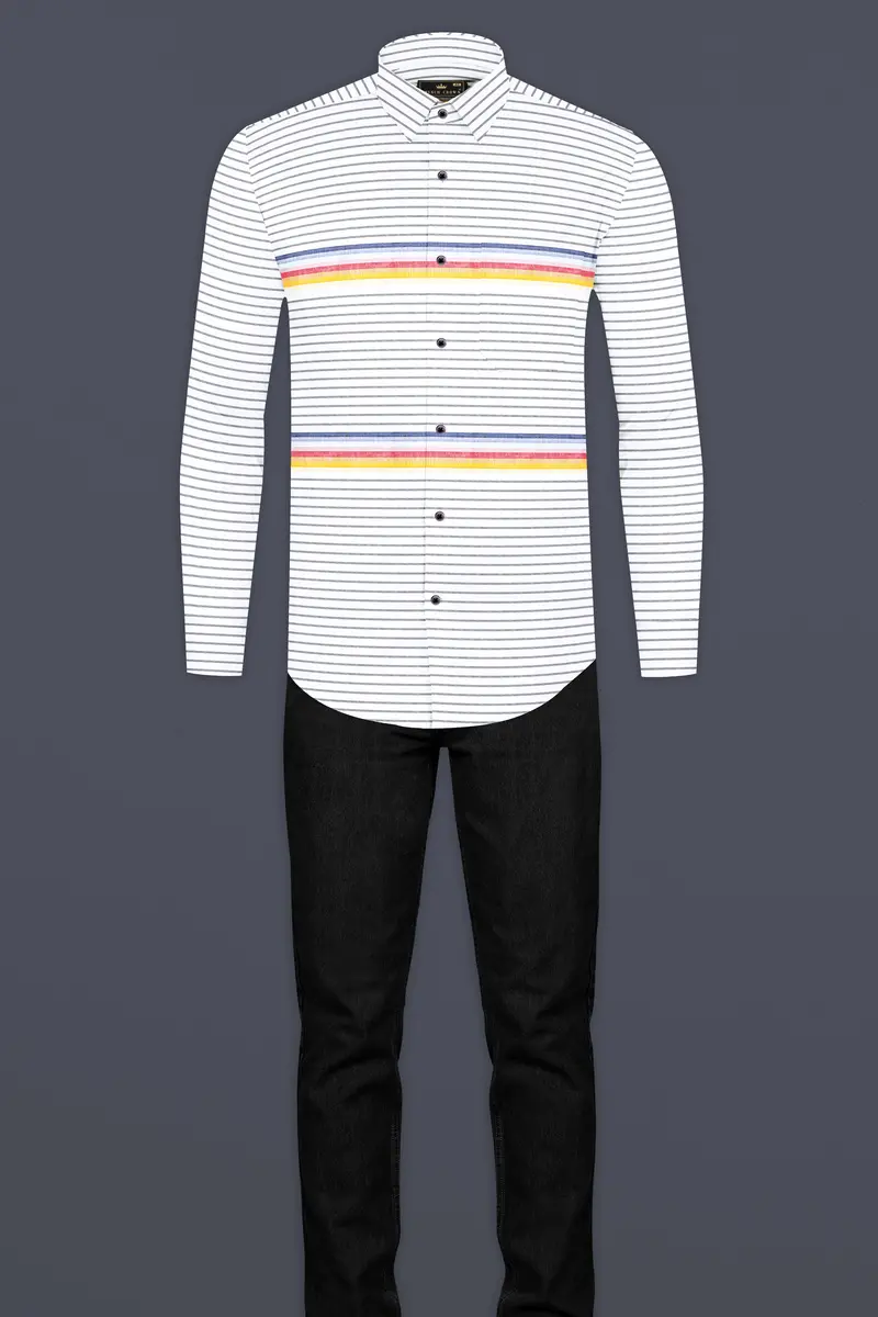 Bright White And Cadmium Red Multicolour Striped Premium Cotton Shirt 7