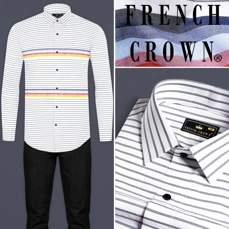 Bright White And Cadmium Red Multicolour Striped Premium Cotton Shirt 8
