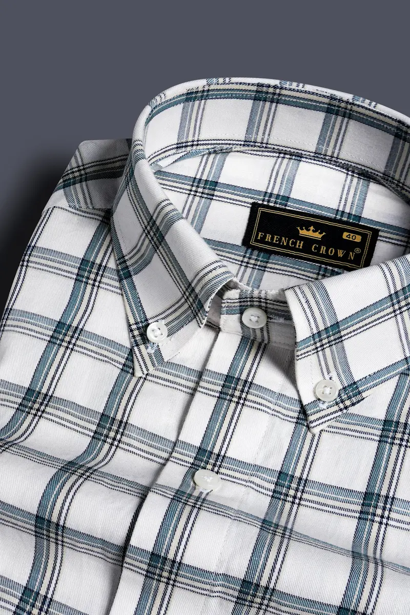 Bright White And Casal Blue Twill Plaid Premium Cotton Shirt 1