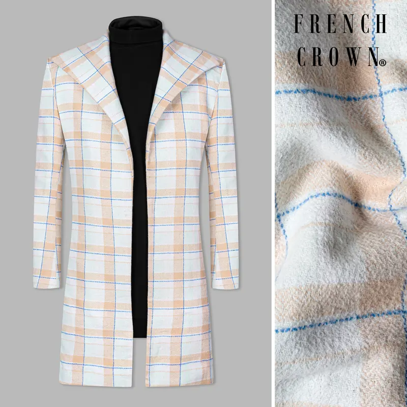 Bright White And Cashmere Peach Plaid Cotton Designer Overcoat 1