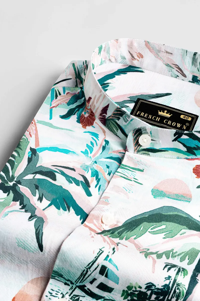 Bright White And Celeste Blue Multicolour Tropical Printed Subtle Sheen Super Soft Premium Cotton Designer Shirt 1
