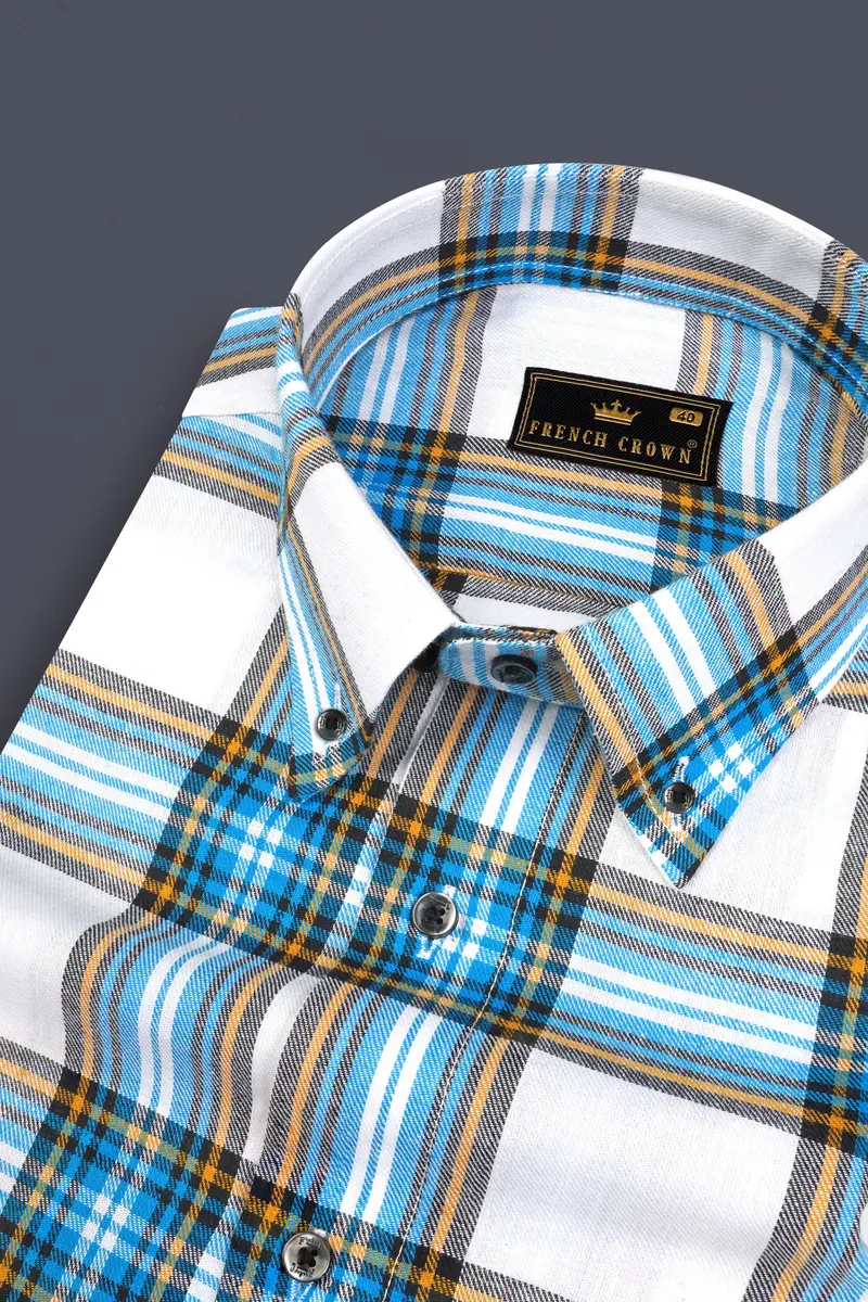Bright White And Celestial Blue Twill Plaid Premium Cotton Shirt 1